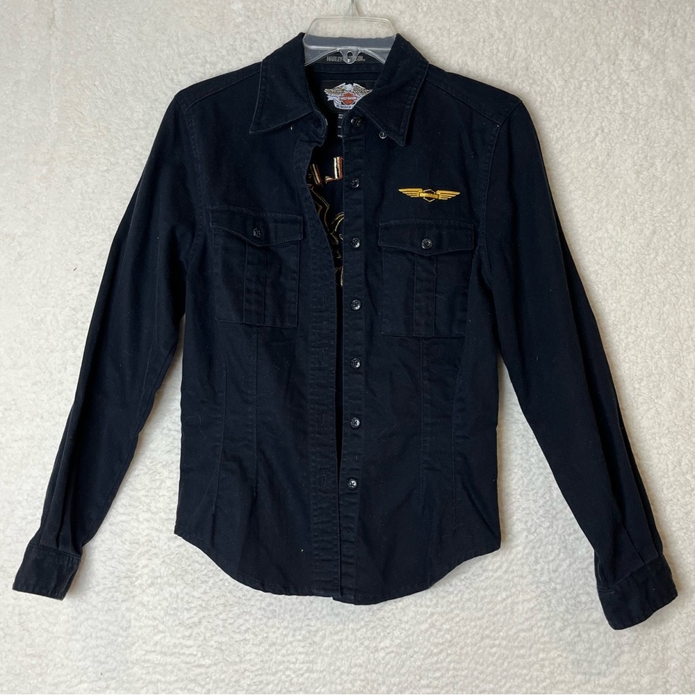 Harley Davidson Womens Black Denim Embroidered Long Sleeve Button Shirt Size XS